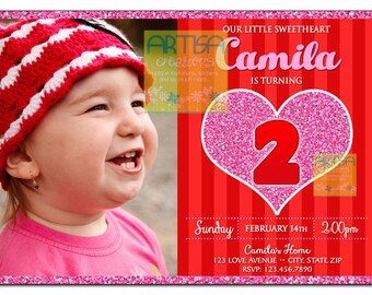 Valentine's Day Birthday Invitation, Glitter heart valentine's day invitation, heart birthday invitation, sweetheart invitation, valentine's
