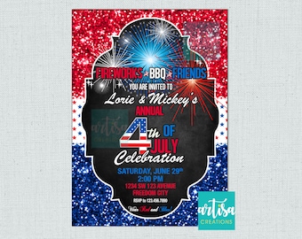 4 juli Uitnodiging, 4 juli BBQ Uitnodiging, Onafhankelijkheidsdag uitnodiging, 4 juli vuurwerk uitnodiging, 4 juli BBQ Vuurwerk in
