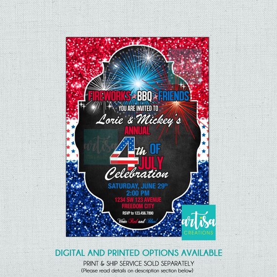 4th of July Invitation, 4th of july BBQ Invitation, Independence day invitation, 4th of july fireworks invitation, July 4th BBQ Fireworks in