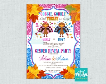Turkey Gender Reveal Party Invitation, Thanksgiving Gender Reveal Invitation, Fall Gender Reveal Party, Girl or Boy turkey gender reveal inv