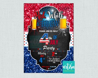 Red White and Brew Invitation, Red White & Brew Birthday Invitation, Red White and Brew 4th of July Party Invitation, 4th of July Invitation