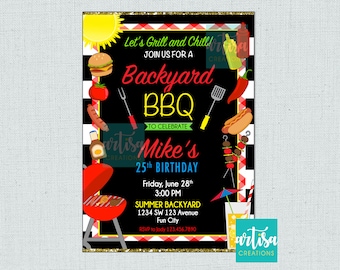 Backyard BBQ Invitation, Bbq Birthday Invitation, Backyard BBQ Invitations, BBQ Invitations, Chill and grill bbq invitations, bbq invites