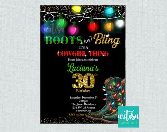 Invitación con botas y brillo, invitación navideña con botas y brillo, es una cosa de vaqueras, invitación de cumpleaños con botas y brillos, invitación de vaquera