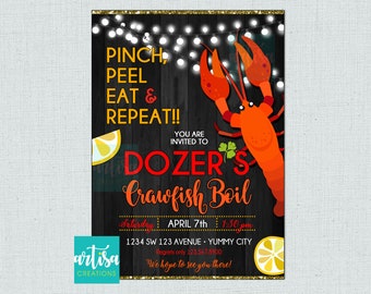Pode incluir: Um convite para o Dozer's Crawfish Boil, com uma ilustração de lagosta e texto. O design inclui a frase "Pinch, Peel, Eat & Repeat!!" e detalhes do evento: 7 de abril, 13h30, e o endereço.