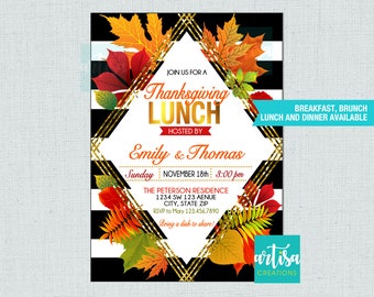 May include: A Thanksgiving lunch invitation with a black and white striped background, gold accents, and fall leaves. The invitation reads "Join us for a Thanksgiving Lunch hosted by Emily & Thomas" and includes the date, time, and location. The text "Breakfast, Brunch, Lunch and Dinner Available" is also included.