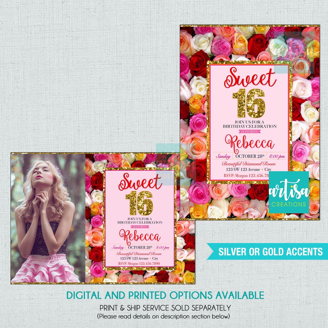 Sweet 16 Pink Roses Roses Sweet 16 Invitation, Colorful Roses Sweet 16 Invitation, Red ...