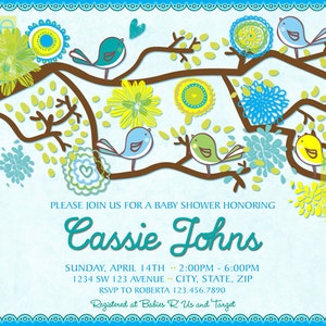 Vogels Baby Shower Uitnodiging - Lente Baby Boy Shower Uitnodiging - Vintage Rustieke Baby Shower - Blauwe en groene vogels uitnodiging