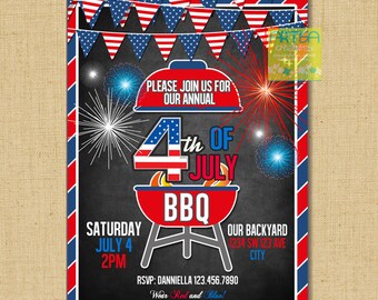 4 juli uitnodiging, 4 juli BBQ-uitnodiging, uitnodiging voor de dag van de onafhankelijkheid, 4 juli vuurwerkuitnodiging, 4 juli BBQ-vuurwerk in