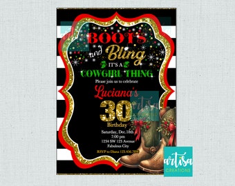 Invitación con botas y brillo, invitación navideña con botas y brillo, es una cosa de vaqueras, invitación de cumpleaños con botas y brillos, invitación de vaquera