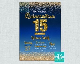 Blue Quinceanera Invitation, Blue Ombre Quinceanera Invitation, Blue Gold Quinceanera Invitation, Blue Sweet 16 Invitation, Blue Gold 15 inv