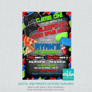 Boys sleepover party invitation, Boys Sleepover video games party Invitation, Boys Video Game Sleep over invitation, Sleep over Boys Birthda
