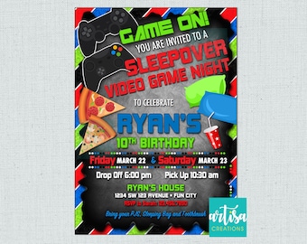 Boys sleepover party invitation, Boys Sleepover video games party Invitation, Boys Video Game Sleep over invitation, Sleep over Boys Birthda