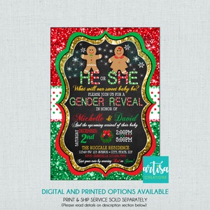 May include: A red, green and gold glitter gender reveal invitation featuring gingerbread people. The text reads "He or She? What will our sweet baby be? Please join us for a Gender Reveal in honour of Michelle & David and the upcoming arrival of their baby. December 2nd, 2:00PM - 5:00PM. The Rucalle Residence, 12345 SW 123 Avenue, City, State, Zip. RSVP: Danniella 123.456.7890. Cast your vote by wearing Red or Green!"
