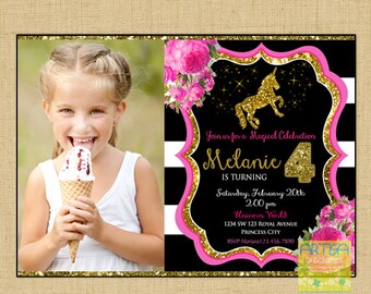 Unicorn Invitation, Unicorn Birthday Invitation, Gold Unicorn Invitation, glitter unicorn birthday, pink gold black Unicorn invitation
