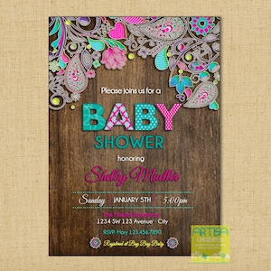 Paisley Baby Shower Invitation - Baby Shower Invitation Paisley - Wood Paisley and flowers baby shower - Rustic Paisley Invitation - Paisley