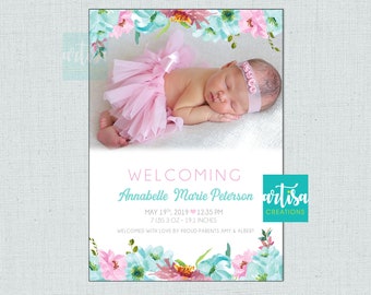 Welcome Baby Girl Birth Announcement, Girl Baby Announcement, pink teal flowers baby announcement, birthday announcement photo card, girl