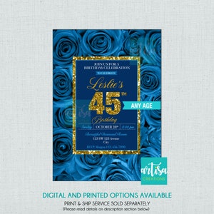Blue roses birthday invitation, blue roses birthday invitations, blue gold invitations for any age, blue roses printable invitations, blue