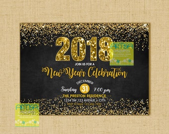 May include: A black and gold New Year's Eve party invitation with gold glitter and the text "2018 New Year Celebration" and details for the event.