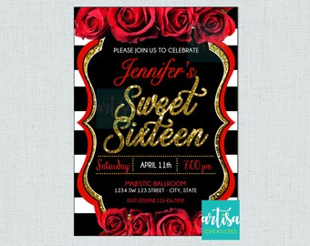 Red Roses Sweet Sixteen Invitation, Sweet Sixteen invitation, Red, black gold Sweet Sixteen, Red black silver Sweet Sixteen, Sweet 16 Invite
