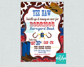 Cowboy Birthday Invitation, Kids Cowboy Birthday Invitation, Barnyard Birthday Invite, Red Blue Horse Cowboy Birthday Party invitation