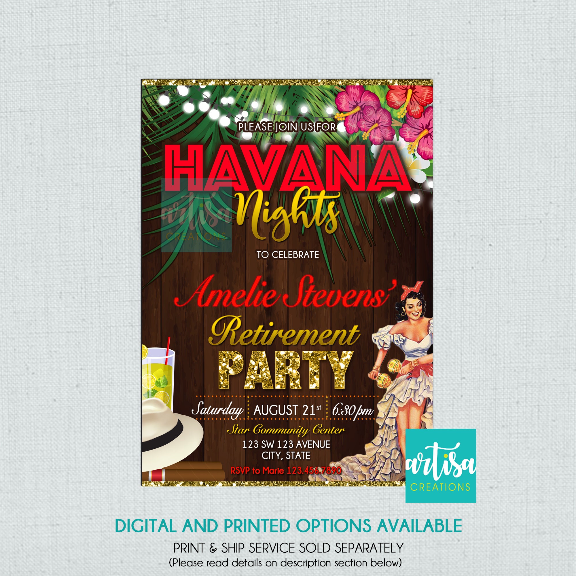 Havana Night Retirement Party Invitations Havana Nights Retirement Invitations Tropical Retirement Invitations Havana Nights