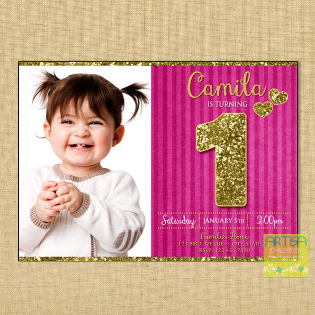 Hot Pink and Gold Glitter Birthday Invitation, Hot Pink Gold Glitter