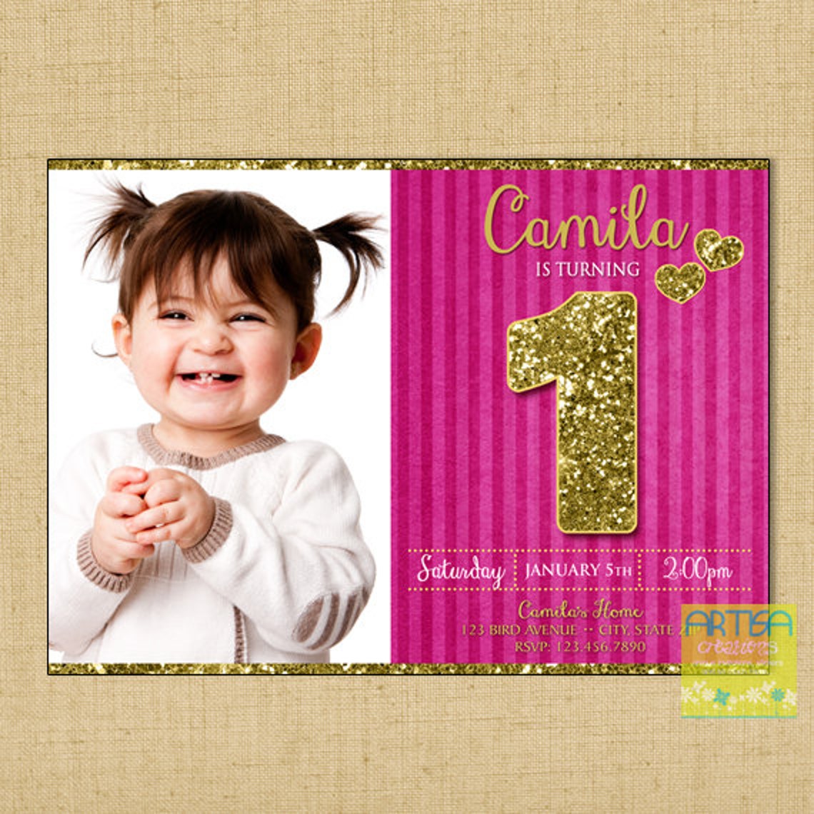 Hot Pink and Gold Glitter Birthday Invitation Hot Pink Gold Etsy