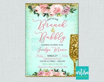 May include: A teal and gold glitter background with pink floral accents. The text "Join us for Brunch & Bubbly" is written in a cursive font. The invitation is for a bridal shower for Jocelyn Marie on 22nd March at 7:00 pm at the Lemoncello Place. The address is 1234 SW 123 Street, Fun City. RSVP to Mollie at 123.456.7890. The invitation is registered at Macy's and Lottery Barn.