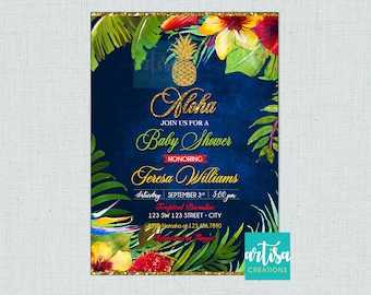 Aloha Baby shower invitation, Hawaiian baby shower invitation, tropical baby shower invitations, luau baby shower invitation, aloha baby sho