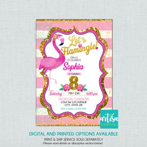 Let&#39;s Flamingle Invitation, Flamingo Birthday Invite, Gold pink flamingo invitation, blush pink and gold flamingle invitation, flamingo part