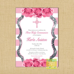 Girl First Communion Invitation, Pink roses gold glitter invitation, pink rose silver glitter First Communion, Pink SIlver Communion, Pink