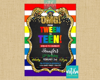 De Preadolescente a Invitación de Adolescente, Invitación de cumpleaños número 13, Preadolescente de Rainbow a invitación de adolescente, invitación de adolescente, Invitación de adolescente de Rainbow