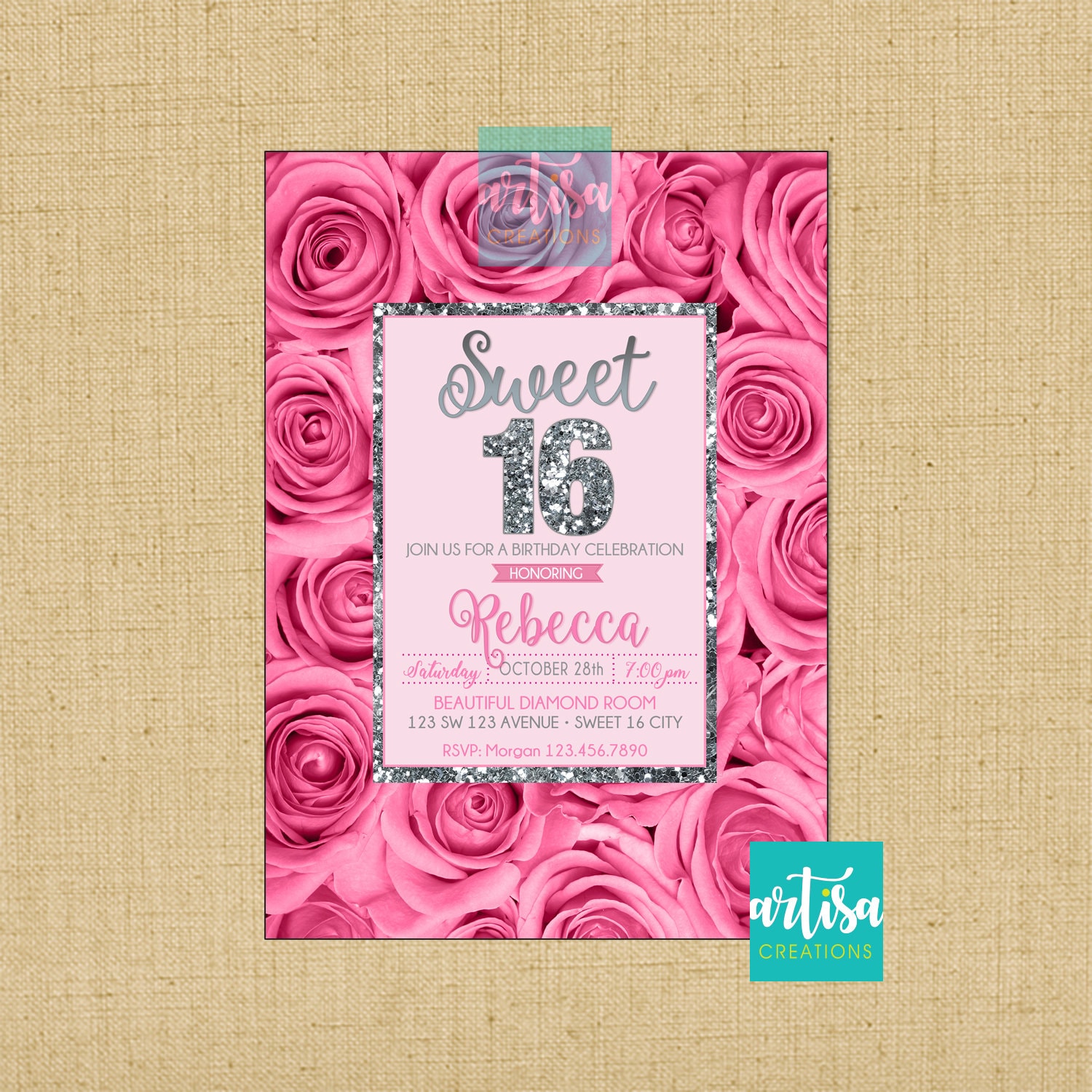 Sweet 16 Pink Roses Pink Roses Sweet 16 Invitation, Pink Roses Sweet Sixteen Invitation ...