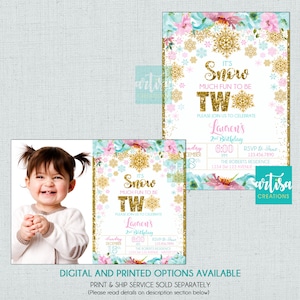 May include: A winter wonderland themed invitation for a 2nd birthday party. The invitation features a gold glitter snowflake design with pink and blue accents. The text on the invitation reads "It's Snow Much Fun To Be Two" and "Lavren's 2nd Birthday".