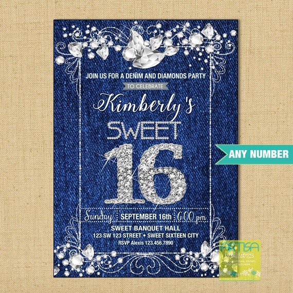 sweet 16 denim and diamonds invitation denim diamonds party etsy denim and diamonds invitation
