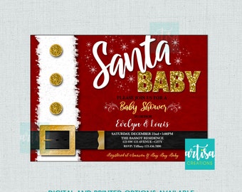 Peut inclure: Une invitation de fête prénatale sur le thème de Noël avec un Père Noël rouge et blanc et des accents de paillettes dorées. L'invitation indique "Santa Baby" et comprend le texte "Veuillez vous joindre à nous pour une fête prénatale en l'honneur d'Evelyn & Louis".