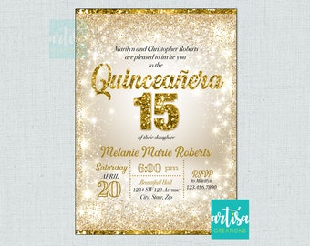 Złote zaproszenie na Quinceanerę, Złote brokatowe zaproszenie na Quinceanerę, Złote zaproszenie na słodką 16-stkę, Złote zaproszenie na słodką 16-stkę w kolorze kości słoniowej, Złote zaproszenie na słodką 16-stkę