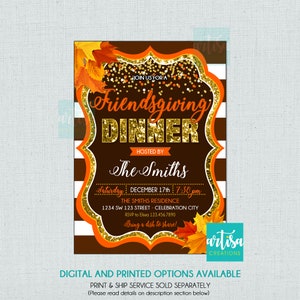 May include: A brown and white striped invitation with gold glitter accents. The invitation is for a Friendsgiving dinner hosted by The Smiths on December 17th at 7:30 pm. The address is 1234 SW 123 Street, Celebration City. The invitation includes a request to RSVP to Elissa at 123.456.7890 and to bring a dish to share.