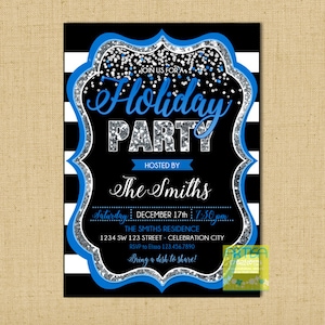 Invitation à la fête de fin d’année, Invitation à la fête, Invitation à la fête bleue argentée, Invitation à dîner blue Holiday, Vacances Se réunir