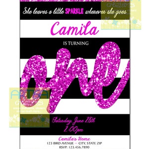 Hot Pink Black white Stripes, Hot pink black white invitation, modern birthday glitter invitation, ANY AGE glitter invite, glitter birthday
