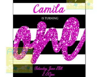 Hot Pink Black white Stripes, Hot pink black white invitation, modern birthday glitter invitation, ANY AGE glitter invite, glitter birthday