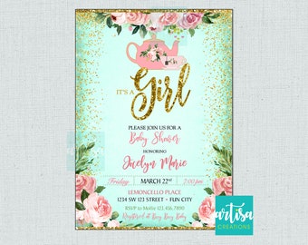 May include: A teal and gold glitter background with pink flowers and a pink teapot with a floral design. The text "It's a Girl" is written in gold glitter. The text "Please join us for a Baby Shower honouring Jocelyn Marie" is written in black. The text "Friday, March 22nd, 7:00 pm, Lemoncello Place, 1234 SW 123 Street, Fun City, RSVP to Mollie 123.456.7890, Registered at Buy Buy Baby" is written in black. The text "artisa creations" is written in black.
