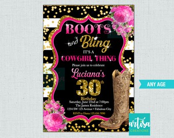 Botas y Bling Invitación, Botas y Bling es una invitación de cosa de vaquera, botas bling invitación de cumpleaños, invitación de vaquera, botas bling