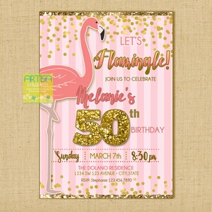 Let&#39;s Flamingle Invitation, Flamingo Birthday Invite, Gold pink flamingo invitation, blush gold flamingo party, glitter flamingo invitation