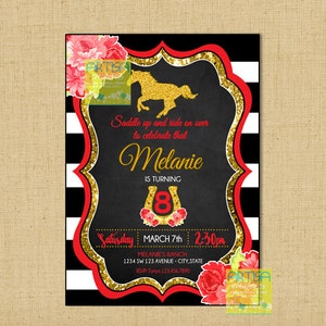 Horseback riding Birthday Invitation, Horse Birthday, Pony invitation, Black Pink Gold horse birthday, modern horse invitation pink gold