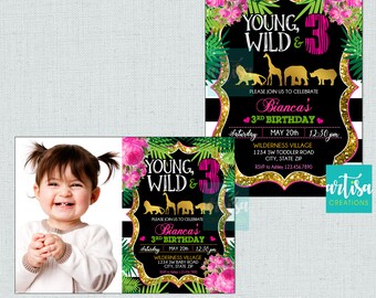 Young wild and three invitation, young wild and 3 invitation, jungle invitation, safari 3rd birthday, jungle 3rd birthday, girl young wild 3