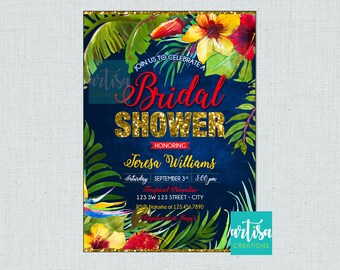May include: Tropical themed bridal shower invitation with gold glitter text, featuring a watercolor illustration of tropical leaves and flowers on a dark blue background. The text reads "Join us to celebrate a Bridal Shower honoring Teresa Williams, Saturday, September 3rd, 5:00 pm, Tropical Paradise, 123 SW 123 Street, City, RSVP Natasha at 123.456.7890, Registered at Macy's".