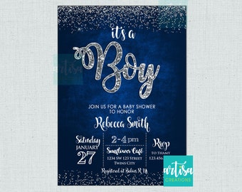 It's a Boy Invitation, It's a boy silver and blue baby shower invitation, boy baby shower invite, navy blue and silver boy baby shower invit