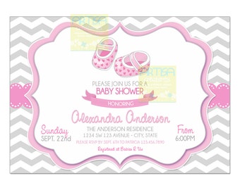 Girl Baby Shower Invitation - Baby Girl Shoes Shower Invitation - Girl Shoes Grey Pink Chevron Baby shower invitation - Chevron pink grey