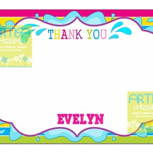 May include: A colorful thank you card with a blue water splash border. The card has a white space for a message and the name "Evelyn" at the bottom. The card has the text "ARTE creations unique invitations, stickers and so much more" on the top left and bottom right corners.